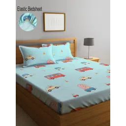 KLOTTHE Blue & Red Printed 300 TC Fitted Double King Bedsheet with 2 Pillow Covers-picture-11