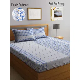 Klotthe Blue & White 300 TC Polycotton Double Elastic Book Fold Bedsheet with 2 Pillow Covers-picture-40