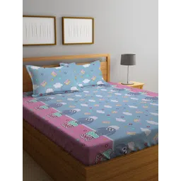KLOTTHE Blue & White Cartoon Characters 300 TC King Bedsheet with 2 Pillow Covers-image-30