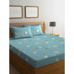KLOTTHE Blue & White Conversational 300TC Fitted Double Bedsheet with 2 Pillow Covers-image-22