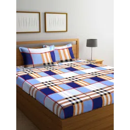 KLOTTHE Blue & White Geometric 300 TC King Bedsheet with 2 Pillow Covers-image-9