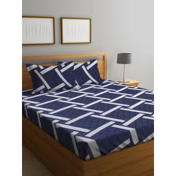 KLOTTHE Blue & White Geometric Printed 300TC Fitted King Bedsheet with 2 Pillow Covers-image-21