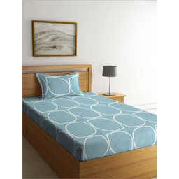 KLOTTHE Blue & White Geometric Printed Fitted 300 TC Single Bedsheet & 1 Pillow Cover-image-23