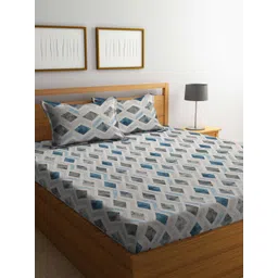 KLOTTHE Blue & White Geometric Printed Pure Cotton 400 TC Fitted Double Bedsheet Set-image-41