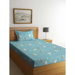 KLOTTHE Blue & White Printed Fitted 300TC Single Bedsheet With 1 Pillow Cover-image-44