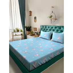 KLOTTHE Blue & White Printed Pure Cotton 400 TC Single Bedsheet Set 2.25 m x 1.5 m-image-39