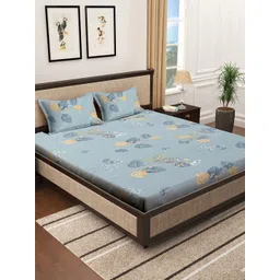 KLOTTHE Blue & Yellow Floral Cotton 400 TC King Fitted Bedsheet With 2 Pillow Covers-image-33