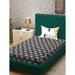 KLOTTHE Blue & Yellow Floral Printed 300 TC Single Bedsheet With Pillow Cover-image-45