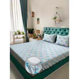 Klotthe Blue Cotton Printed 400 TC King Fitted Bedsheet with 2 Pillow Covers-picture-37