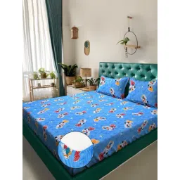 Klotthe Blue Cotton Printed 400 TC King Fitted Bedsheet with 2 Pillow Covers-picture-30