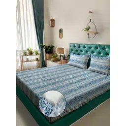 Klotthe Blue Cotton Printed 400 TC King Fitted Bedsheet with 2 Pillow Covers-image-5