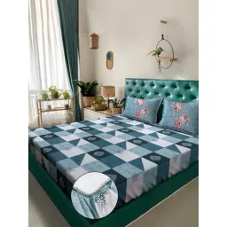 Klotthe Blue Cotton Printed 400 TC King Fitted Bedsheet with 2 Pillow Covers-picture-39