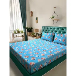 Klotthe Blue Cotton Printed 400 TC King Flat Bedsheet with 2 Pillow Covers-picture-26