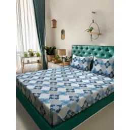 Klotthe Blue Cotton Printed 400 TC King Flat Bedsheet with 2 Pillow Covers-picture-18