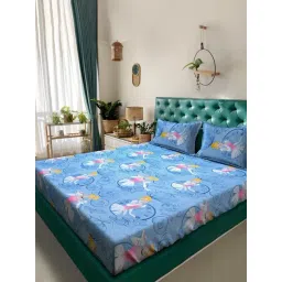 Klotthe Blue Cotton Printed 400 TC King Flat Bedsheet with 2 Pillow Covers-picture-24