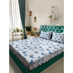 Klotthe Blue Cotton Printed 400 TC King Flat Bedsheet with 2 Pillow Covers-picture-10