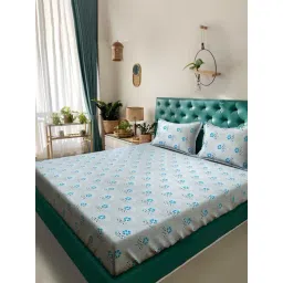 Klotthe Blue Cotton Printed 400 TC King Flat Bedsheet with 2 Pillow Covers-picture-12