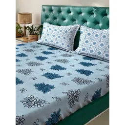 Klotthe Blue Cotton Printed 400 TC King Flat Bedsheet with 2 Pillow Covers image 3