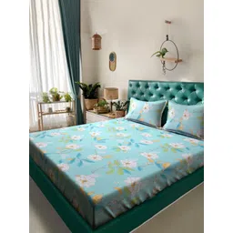 KLOTTHE Blue Floral Printed 300 TC Fitted King Bedsheet With 2 Pillow covers-image-34