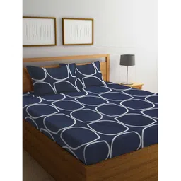 Klotthe Blue Geometric 300 TC Cotton Blend Fitted Double Bedsheet with 2 Pillow Covers-image-11