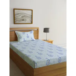 KLOTTHE Book Fold Blue & Grey Floral-Printed 300TC Single Bedsheet With 1 Pillow Cover-picture-16