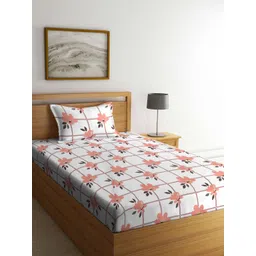 KLOTTHE Book Fold White & Orange Floral 300 TC Fitted Single Bedsheet & 1 Pillow Cover-picture-15