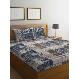 KLOTTHE Brown & Blue Geometric Printed 300 TC Fitted King Bedsheet With 2 Pillow Covers-picture-33