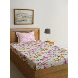 KLOTTHE Brown & Pink Floral Printed 300 TC Fitted Single Bedsheet With Pillow Cover-picture-22