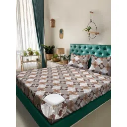Klotthe Brown Cotton Printed 400 TC King Fitted Bedsheet with 2 Pillow Covers-picture-37