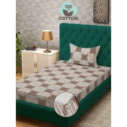 KLOTTHE Brown Printed 400 TC Pure Cotton Single Bed Fitted Bedsheet & 1 Pillow Cover-picture-37