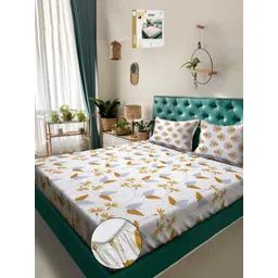 KLOTTHE Cream And Yellow Floral Printed Cotton 400 TC Double Bedsheet Set 2.50 m x 2.20 m-picture-37