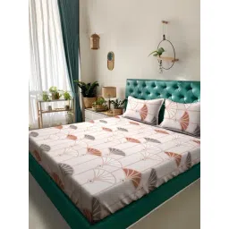 Klotthe Cream Cotton Blend Printed 300 TC King Flat Bedsheet with 2 Pillow Covers-picture-21