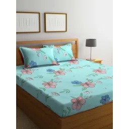 Klotthe Floral Turquoise Green 300 TC Cotton Blend King Bed Sheet with 2 Pillow Covers-image-32