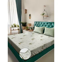 KLOTTHE Green & White Floral Pure Cotton 400 TC Fitted Double King Bedsheet Set-2.5mX2.25m-picture-31