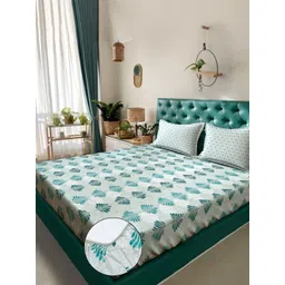 KLOTTHE Green & White Floral Pure Cotton 400 TC Fitted Double King Bedsheet Set-2.5mX2.25m-picture-29
