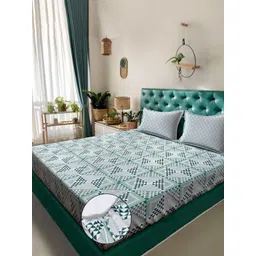 KLOTTHE Green & White Geometric Cotton 400 TC Fitted Double King Bedsheet Set-2.5mX2.25m-picture-16