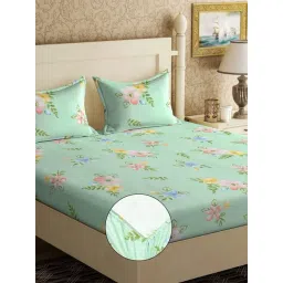 Klotthe Green Cotton Blend Printed 300 TC King Fitted Bedsheet with 2 Pillow Covers-picture-15