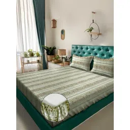 Klotthe Green Cotton Printed 400 TC King Fitted Bedsheet with 2 Pillow Covers-picture-29
