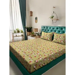 Klotthe Green Cotton Printed 400 TC King Flat Bedsheet with 2 Pillow Covers-picture-45