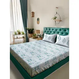 Klotthe Green Cotton Printed 400 TC King Flat Bedsheet with 2 Pillow Covers-picture-38