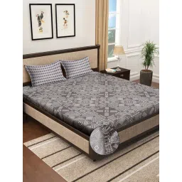 Klotthe Grey 300 TC Polycotton Double Elastic Bedsheet with 2 Pillow Covers-picture-29
