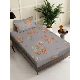 KLOTTHE Grey & Brown Floral Printed 400 TC Pure Cotton Single Bedsheet with Pillow Cover-picture-32