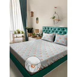Klotthe Grey & Orange Floral Printed 400 TC Cotton King Bedsheet Set 2.50 m x 2.25 m-picture-32