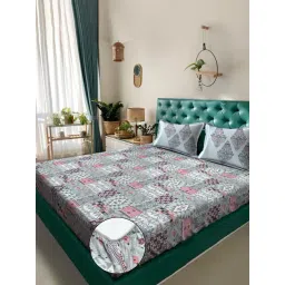 Klotthe Grey Cotton Printed 400 TC King Fitted Bedsheet with 2 Pillow Covers-picture-11