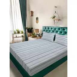 KLOTTHE Grey Polycotton Striped Fitted 300 GSM Double Bedsheet-picture-29
