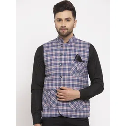 KLOTTHE Men Blue & Grey Checked Nehru Jacket-picture-30