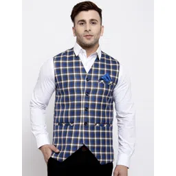 KLOTTHE Men Blue & White Checked Nehru Jacket-picture-16