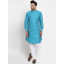 KLOTTHE Men Blue Ethnic Motifs Woven Design Thread Work Mandarin Collar Kurta-picture-24