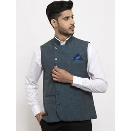 KLOTTHE Men Blue Woven Design Pure Cotton Nehru Jacket-picture-35