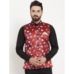 KLOTTHE Men Red & Blue Floral Printed Satin Nehru Jacket-picture-19